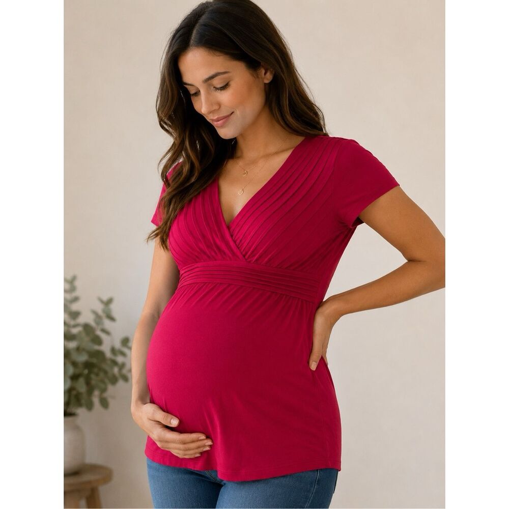 Duo Maternity 2X Pink Ruched V Neck Stretch Maternity Top Plus Size